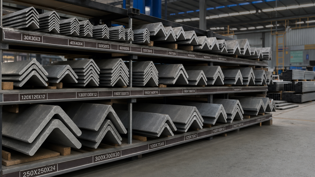 Steel angle bars lined up at warehouse