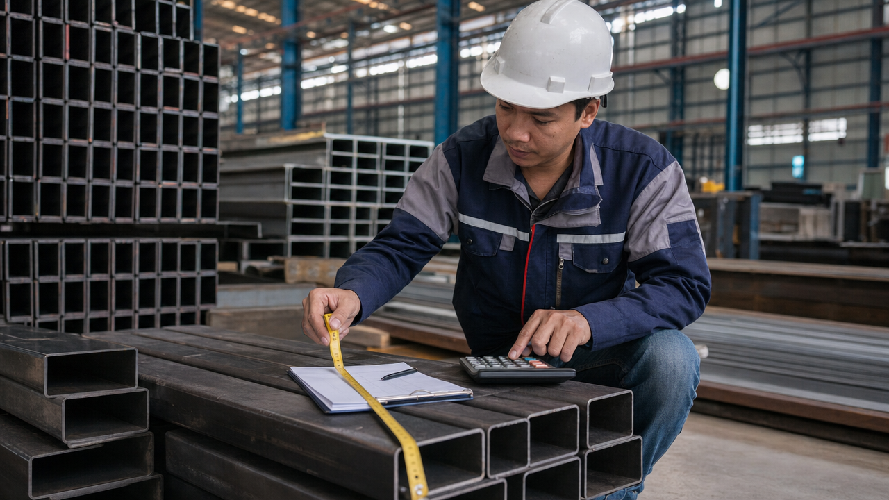 Worker measuring hollow steel tubes with tape measure and calculator