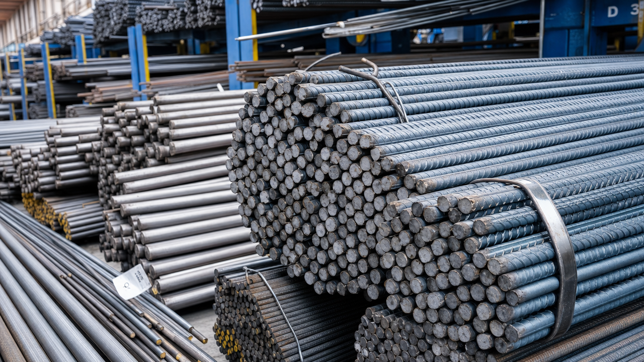 Steel rebar of various diameters at warehouse
